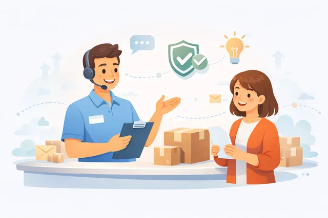 Friendly courier staff assisting customer with packages and documents in Delta BC