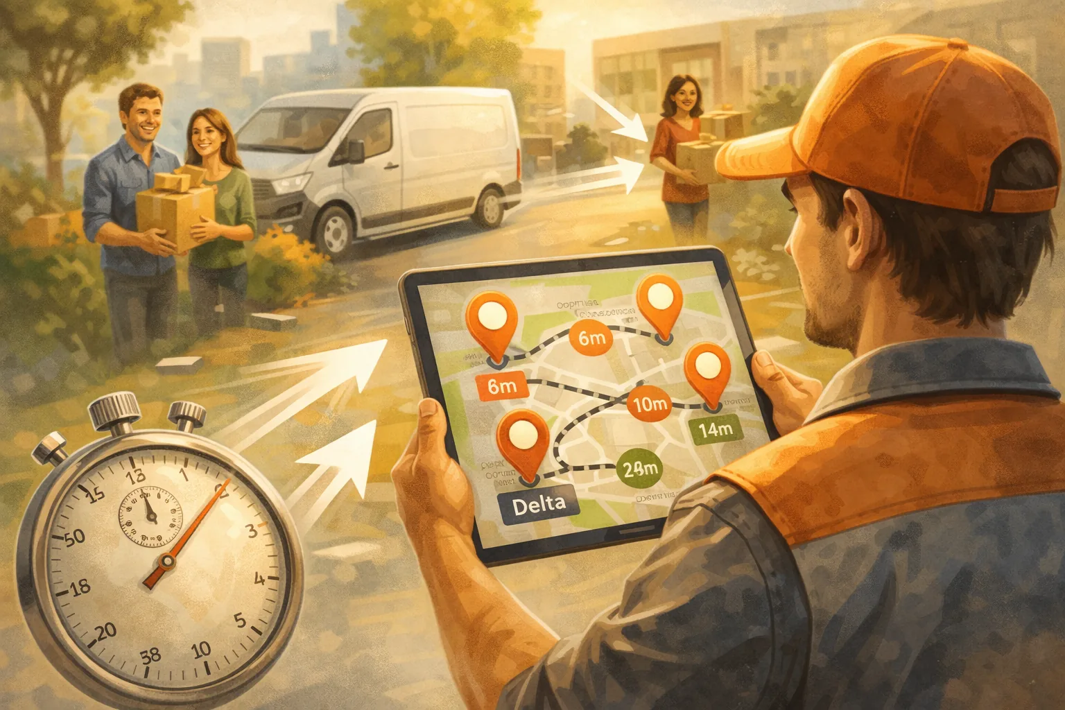 Courier driver reviewing an optimized delivery route map in Delta, BC with multiple stops and time estimates.