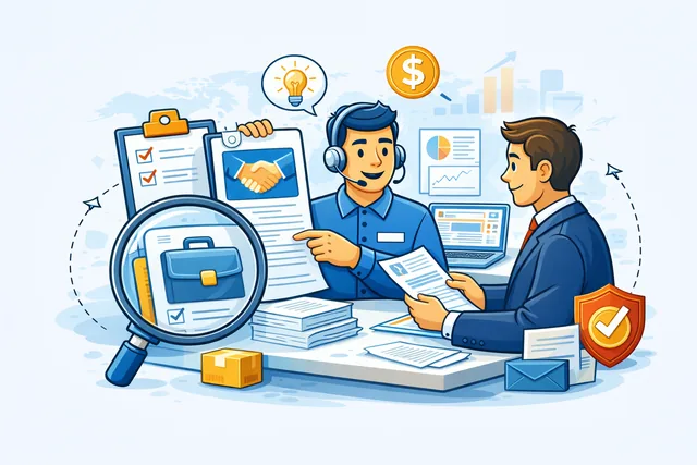Business paperwork assistance illustration showing staff helping with documents, forms, scanning, and professional filing support.
