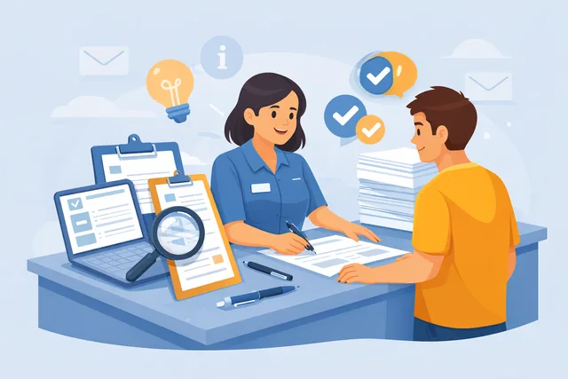 Document assistance illustration showing staff helping with forms, paperwork review, printing or scanning support, and organized documents.