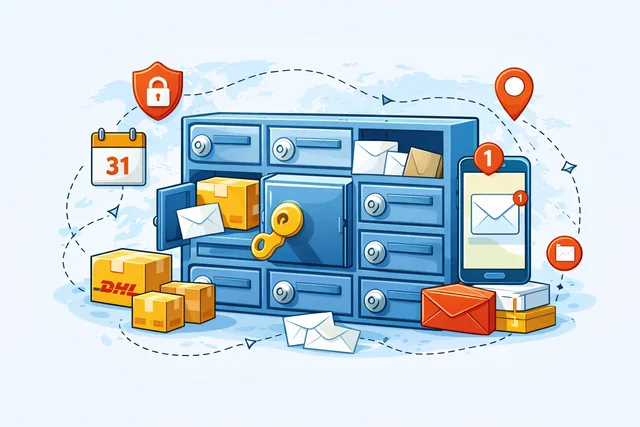 Secure mailbox illustration showing mail and parcel receiving, locked storage, and pickup notifications.