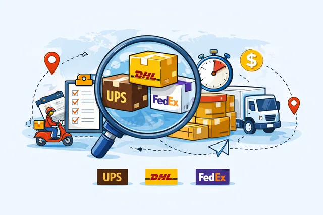 Magnifying glass comparing courier options with branded parcels, checklist, delivery truck, and timing icons.