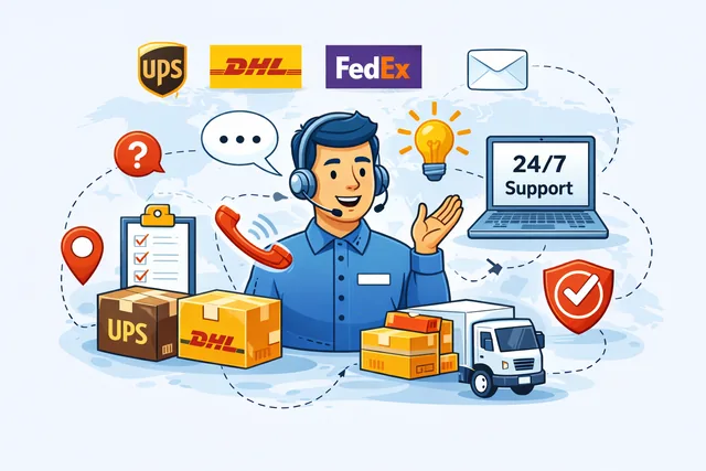 Customer support illustration showing shipping help, courier assistance, reliable service, and delivery guidance.