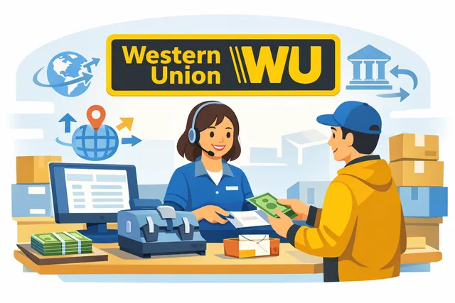 Customer completing a Western Union transfer with staff support at a Delta, BC counter.